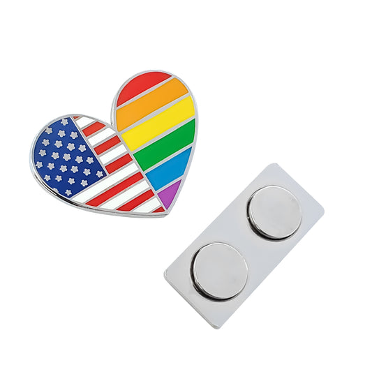 Heart-Shaped American Rainbow Pride LGBTQ Flag Enamel Lapel Pin with Magnetic Backing