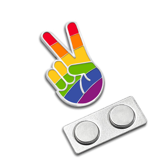 Rainbow Victory Peace Sign LGBTQ Enamel Pin with Magnetic Backing
