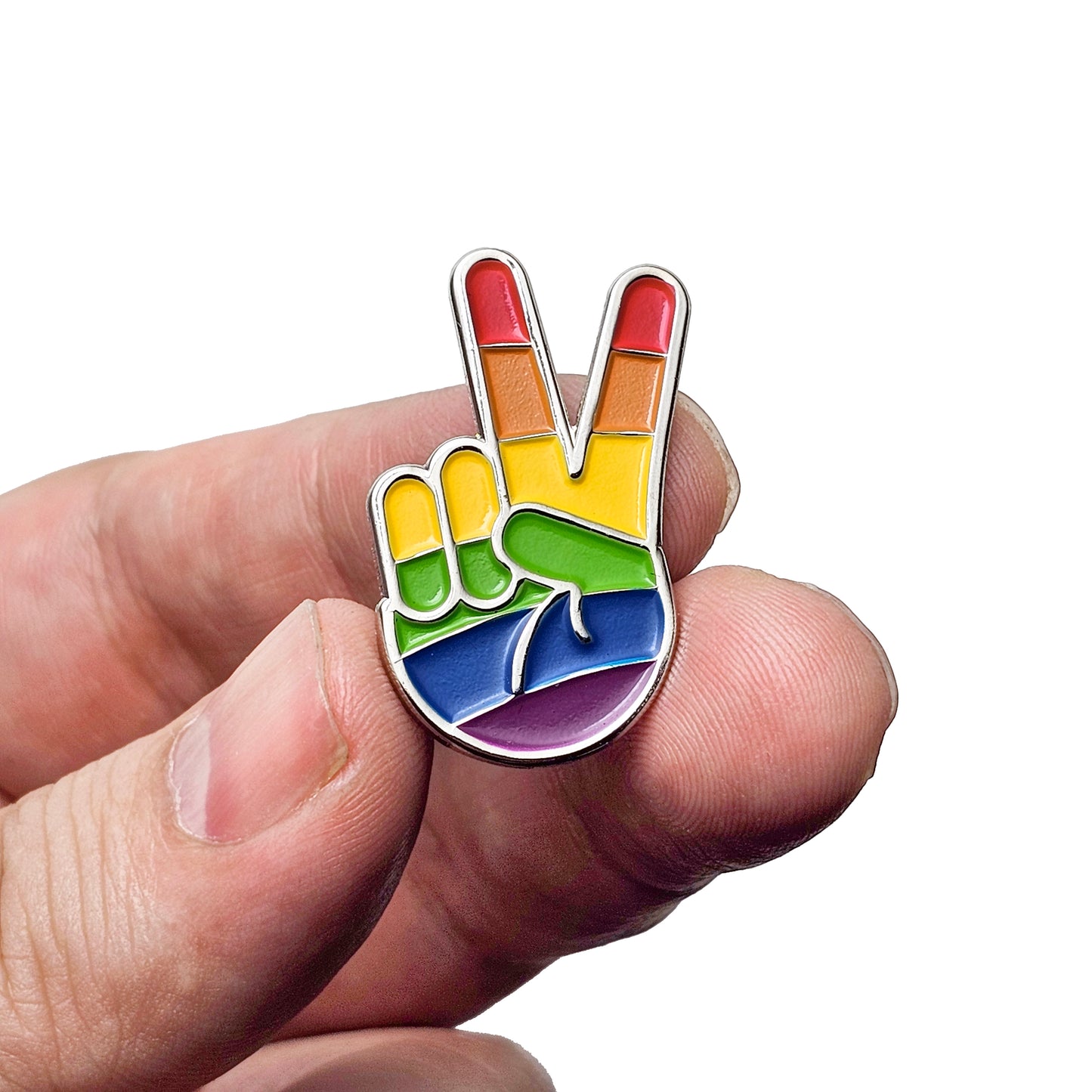 Rainbow Victory Peace Sign LGBTQ Enamel Pin with Magnetic Backing
